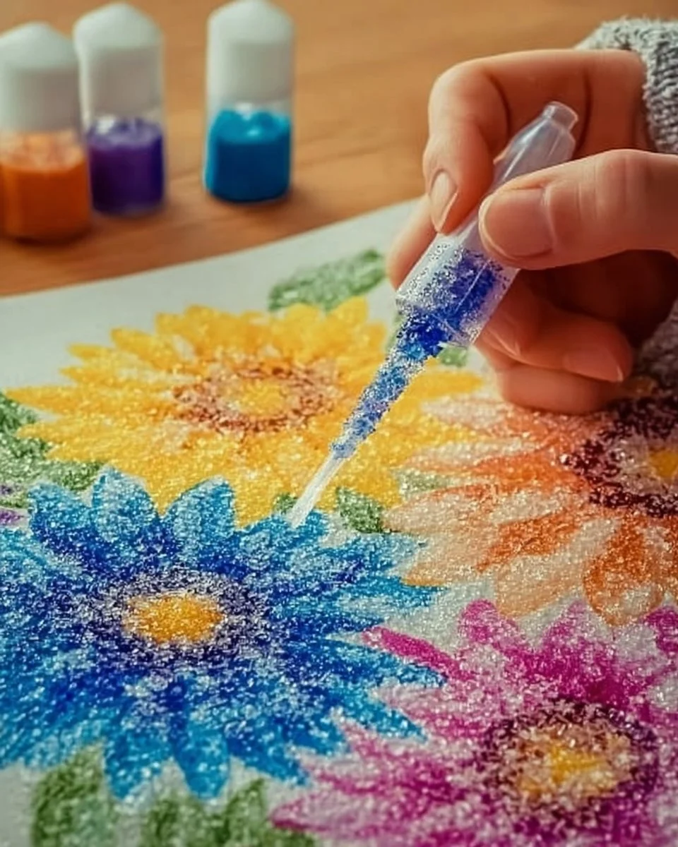 Colorful salt painting artwork created through fun DIY crafts.
