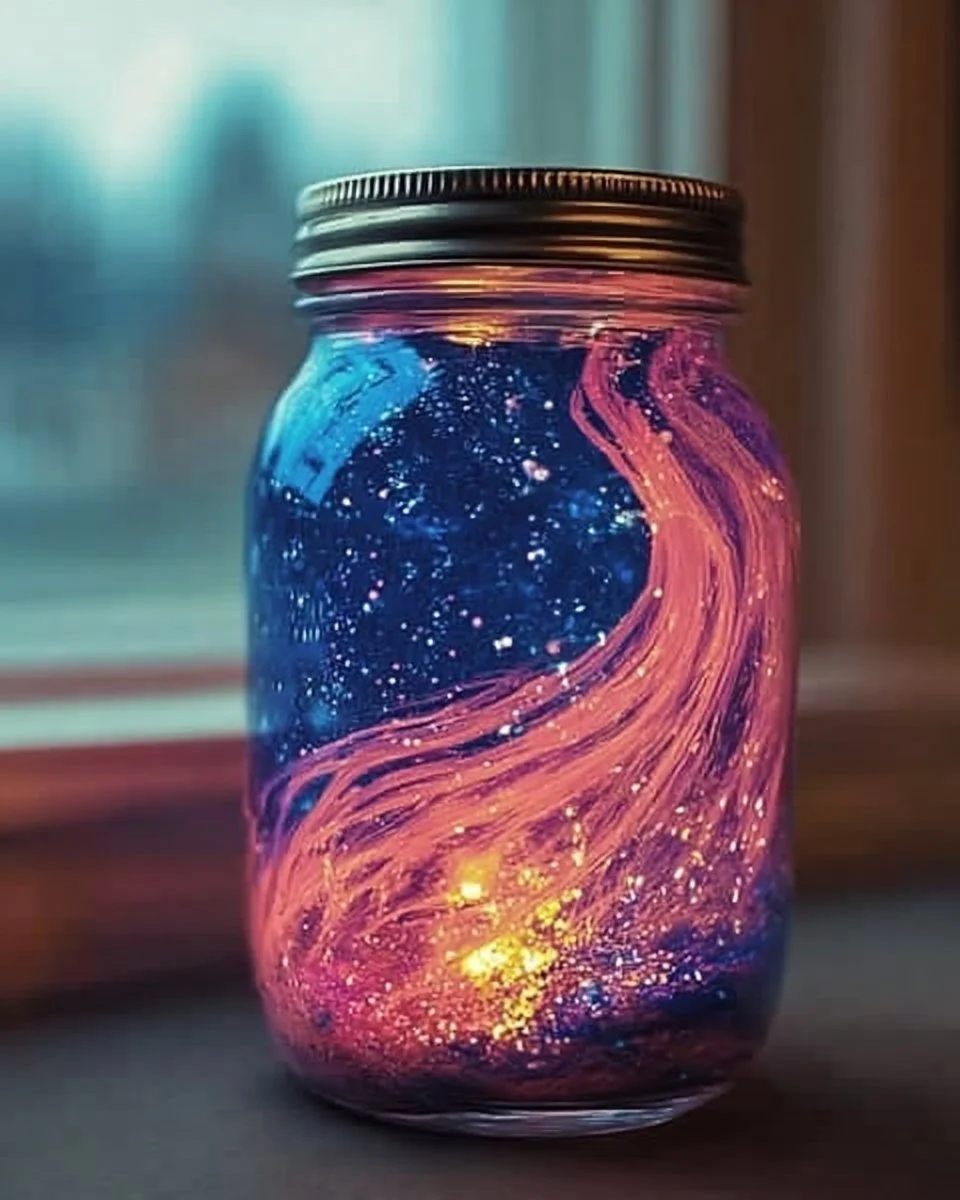 Colorful DIY glitter jar with sparkling effects for relaxation and creativity.