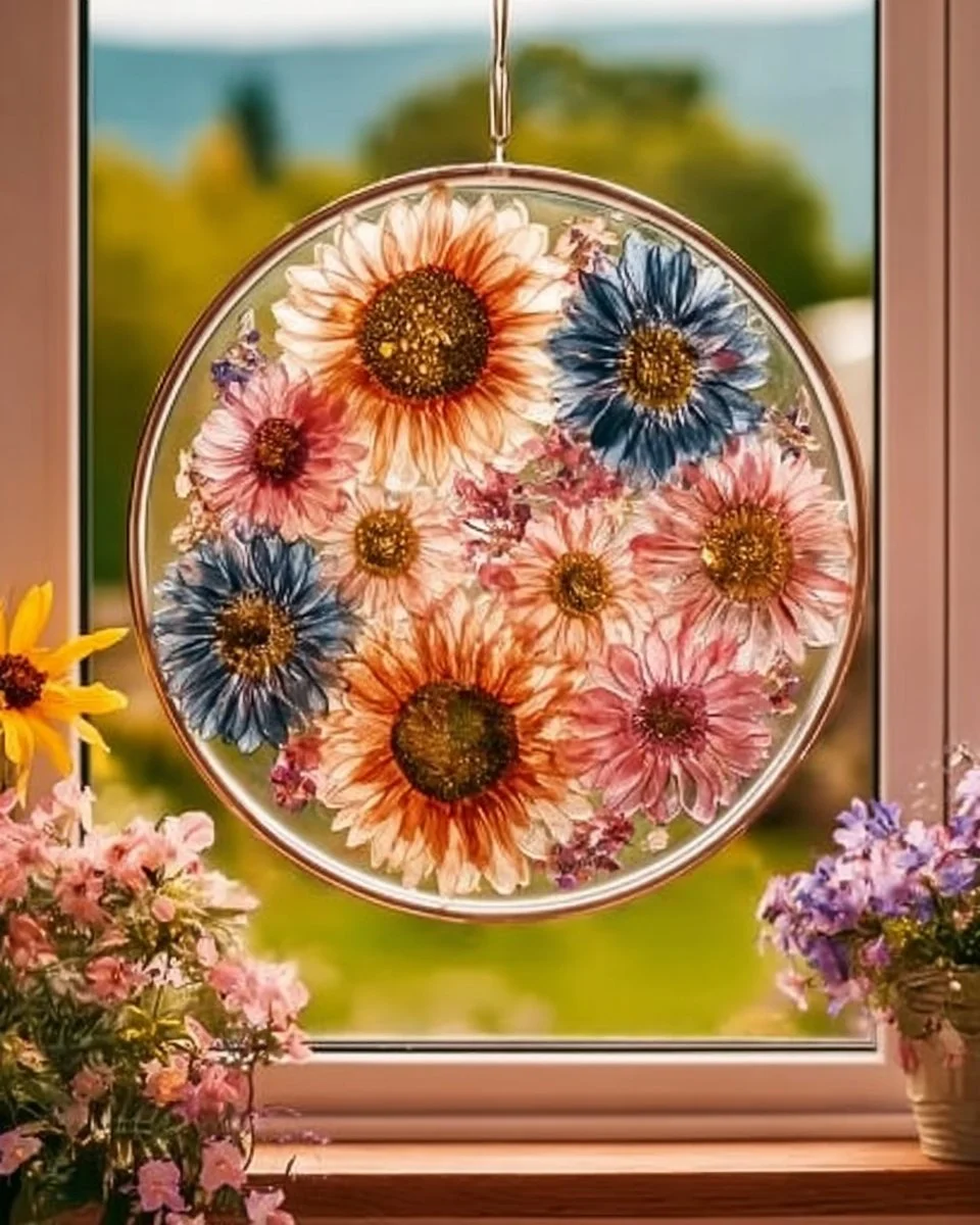 Beautiful DIY gelatine flower suncatchers hanging in window for home decor