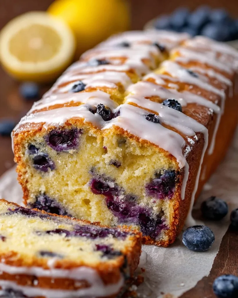 Slice of easy blueberry ricotta cake topped with fresh blueberries