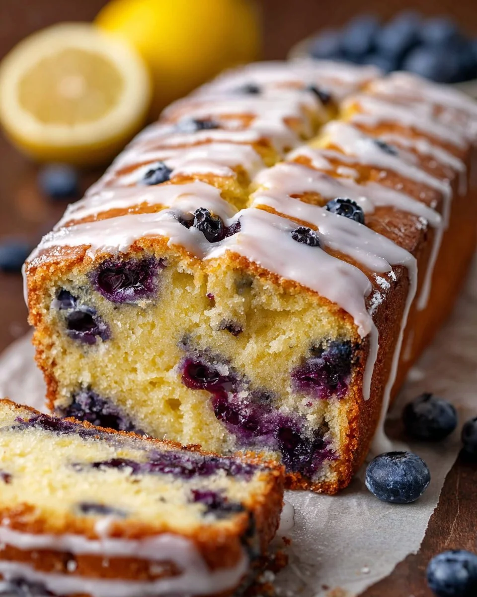 Slice of easy blueberry ricotta cake topped with fresh blueberries