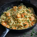 Plate of easy Italian shrimp pasta garnished with herbs