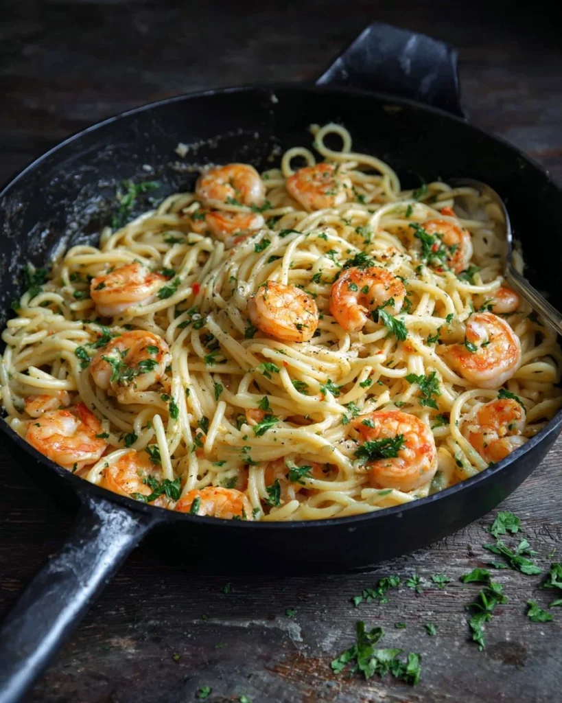Plate of easy Italian shrimp pasta garnished with herbs