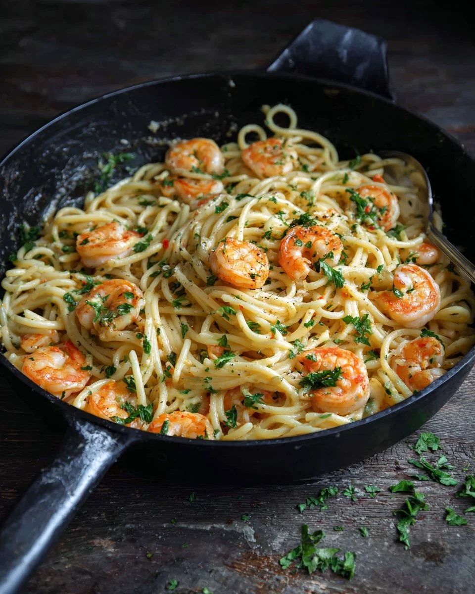 Plate of easy Italian shrimp pasta garnished with herbs
