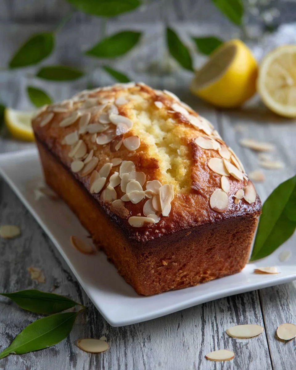 Slice of easy Lemon Ricotta Bread with a lemon wedge on a wooden table