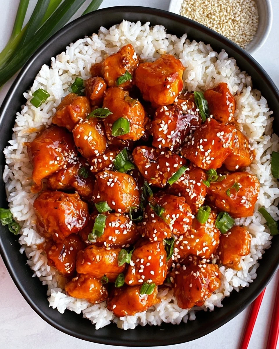 Delicious homemade Easy Orange Chicken served with rice and vegetables.