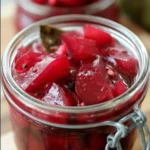 Jar of homemade easy pickled beets on a wooden table
