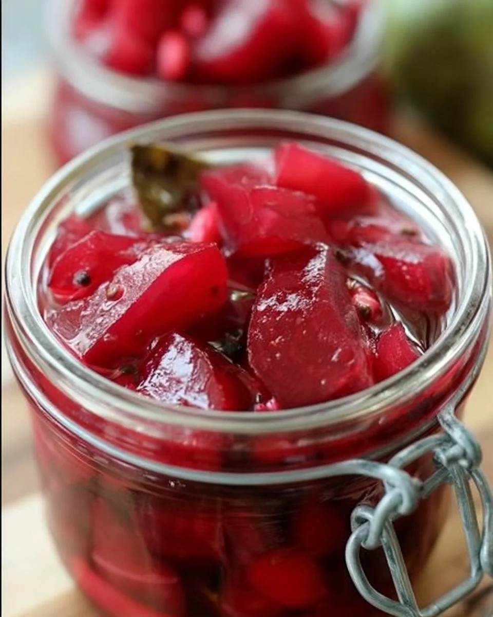 Jar of homemade easy pickled beets on a wooden table