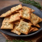 Plate of homemade easy rosemary crackers garnished with fresh rosemary