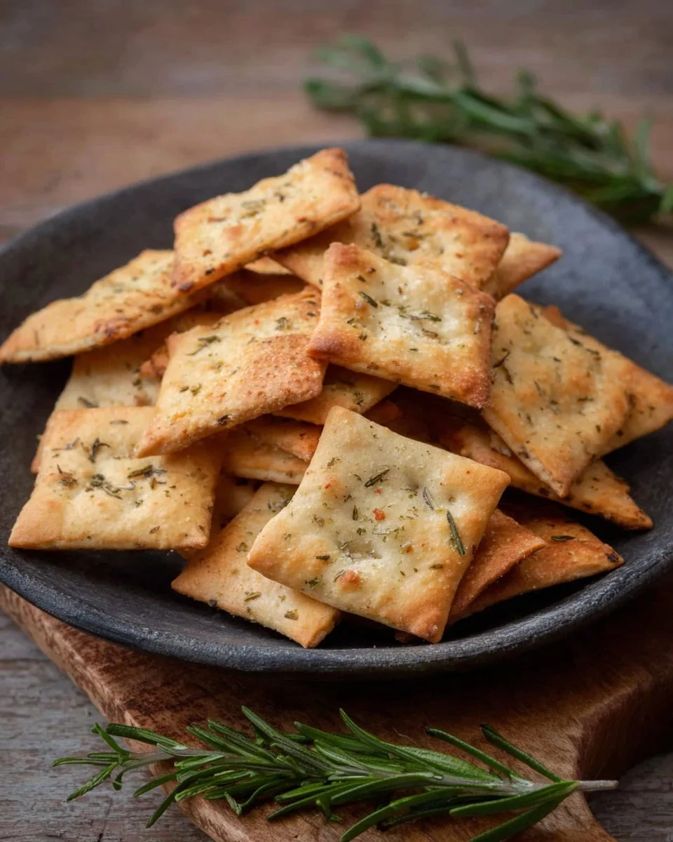 Plate of homemade easy rosemary crackers garnished with fresh rosemary
