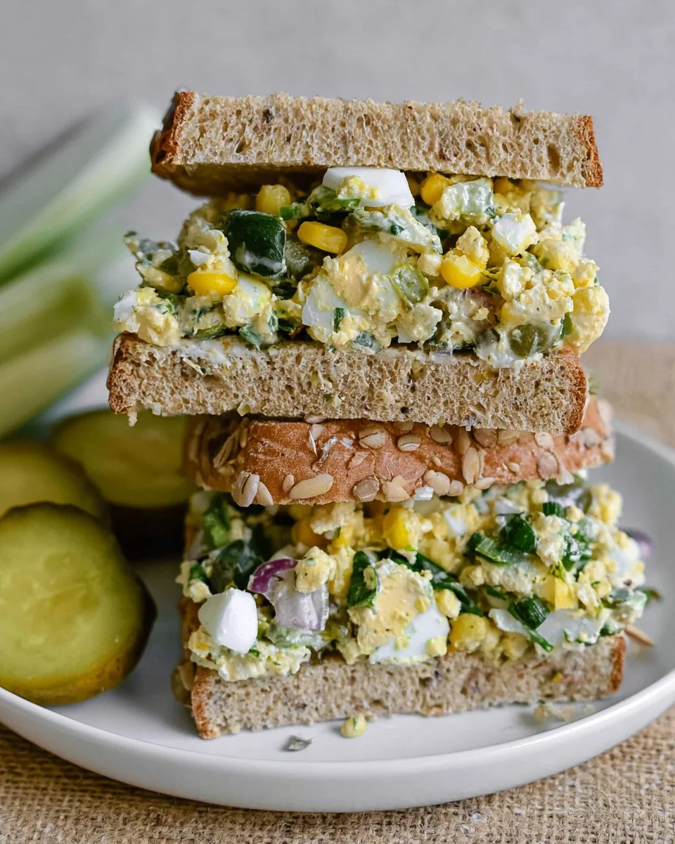 Delicious egg salad with pickles served on a plate.