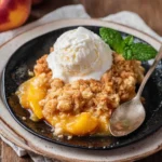 Delicious fresh peach crumble served in a bowl with a golden topping