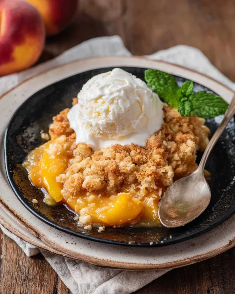 Delicious fresh peach crumble served in a bowl with a golden topping