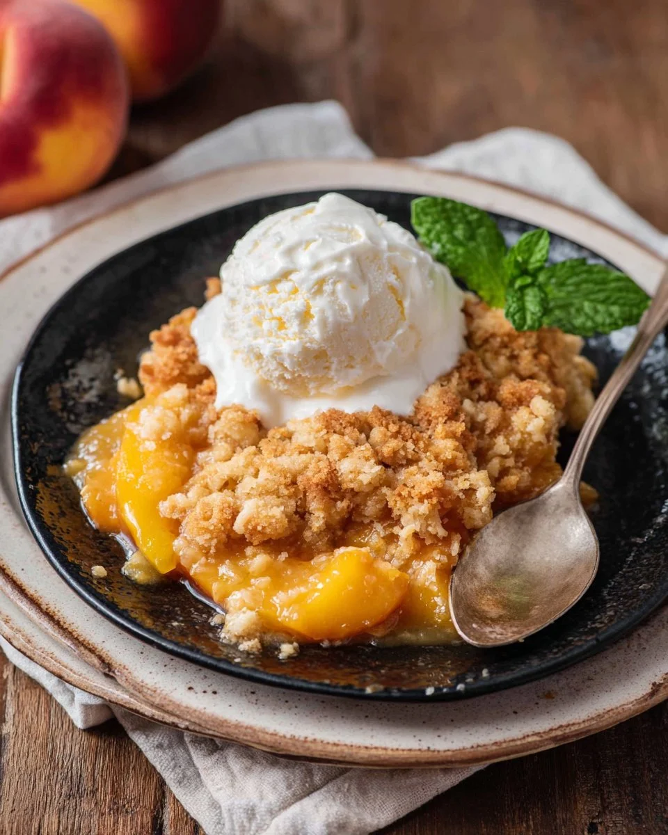 Delicious fresh peach crumble served in a bowl with a golden topping