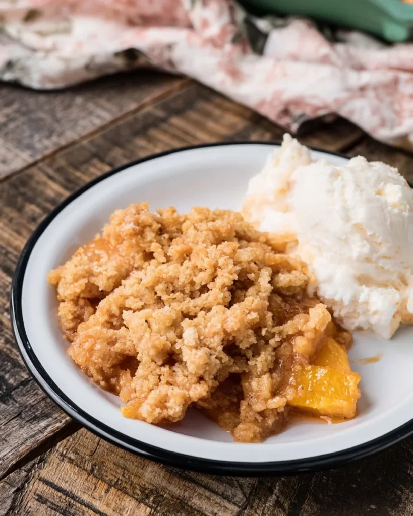 Delicious fresh peach crumble dessert with a crispy topping and peach slices.