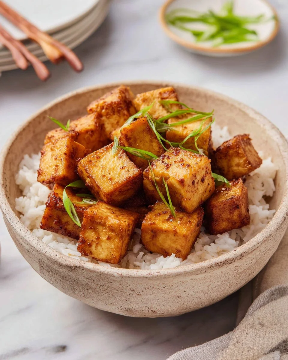Crispy fried tofu served with sauce and garnishes