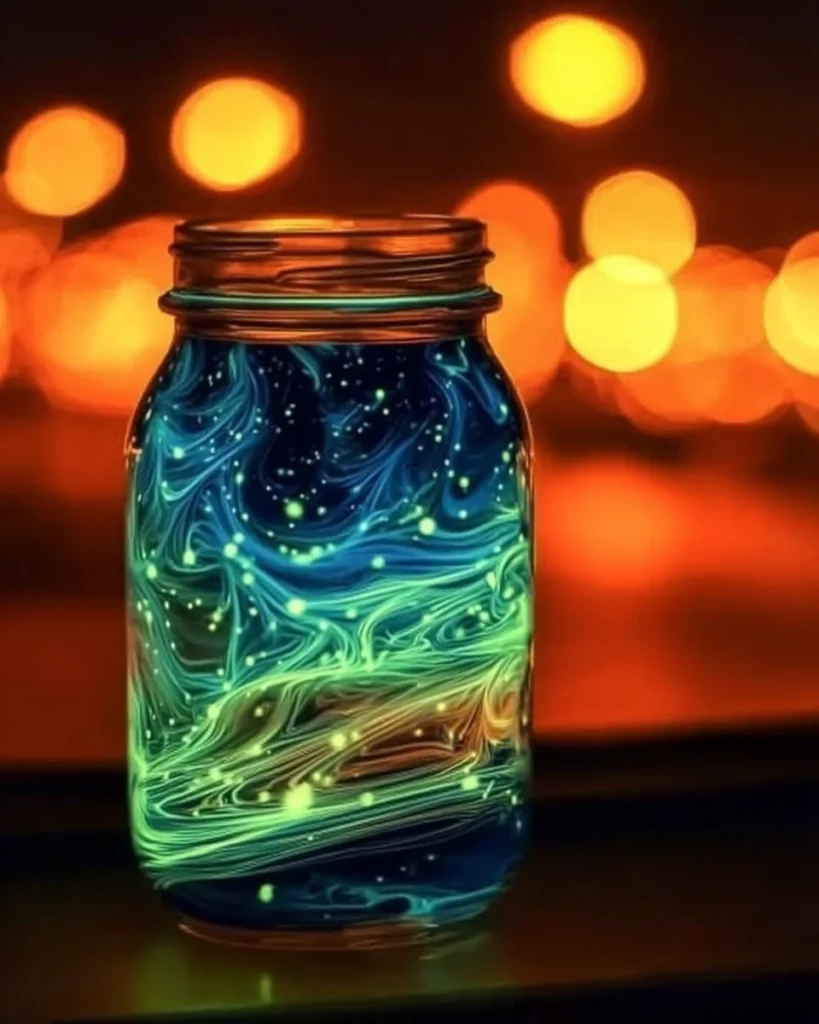 Glow-in-the-dark fireworks in a jar showcasing vibrant colors and glowing effects.