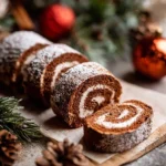 Gluten-free chocolate swiss roll garnished with cream and chocolate shavings.