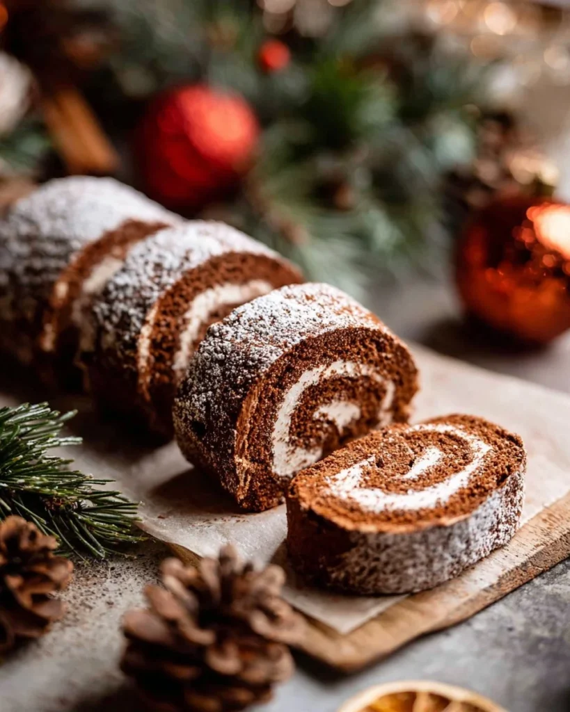 Gluten-free chocolate swiss roll garnished with cream and chocolate shavings.