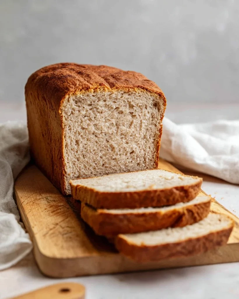 Loaf of gluten-free sandwich bread sliced and displayed on a wooden board.