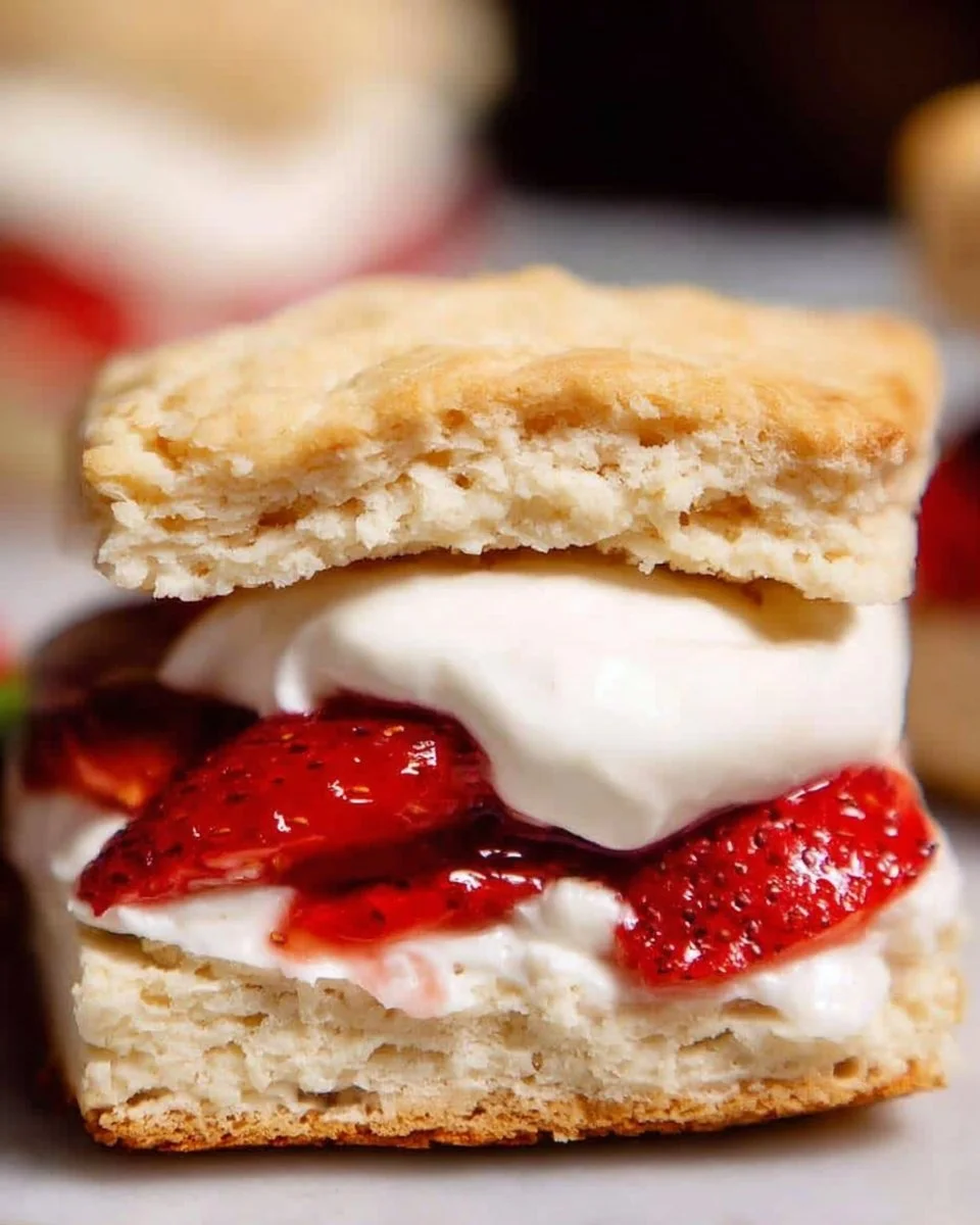Gluten-free strawberry shortcake topped with fresh strawberries and whipped cream