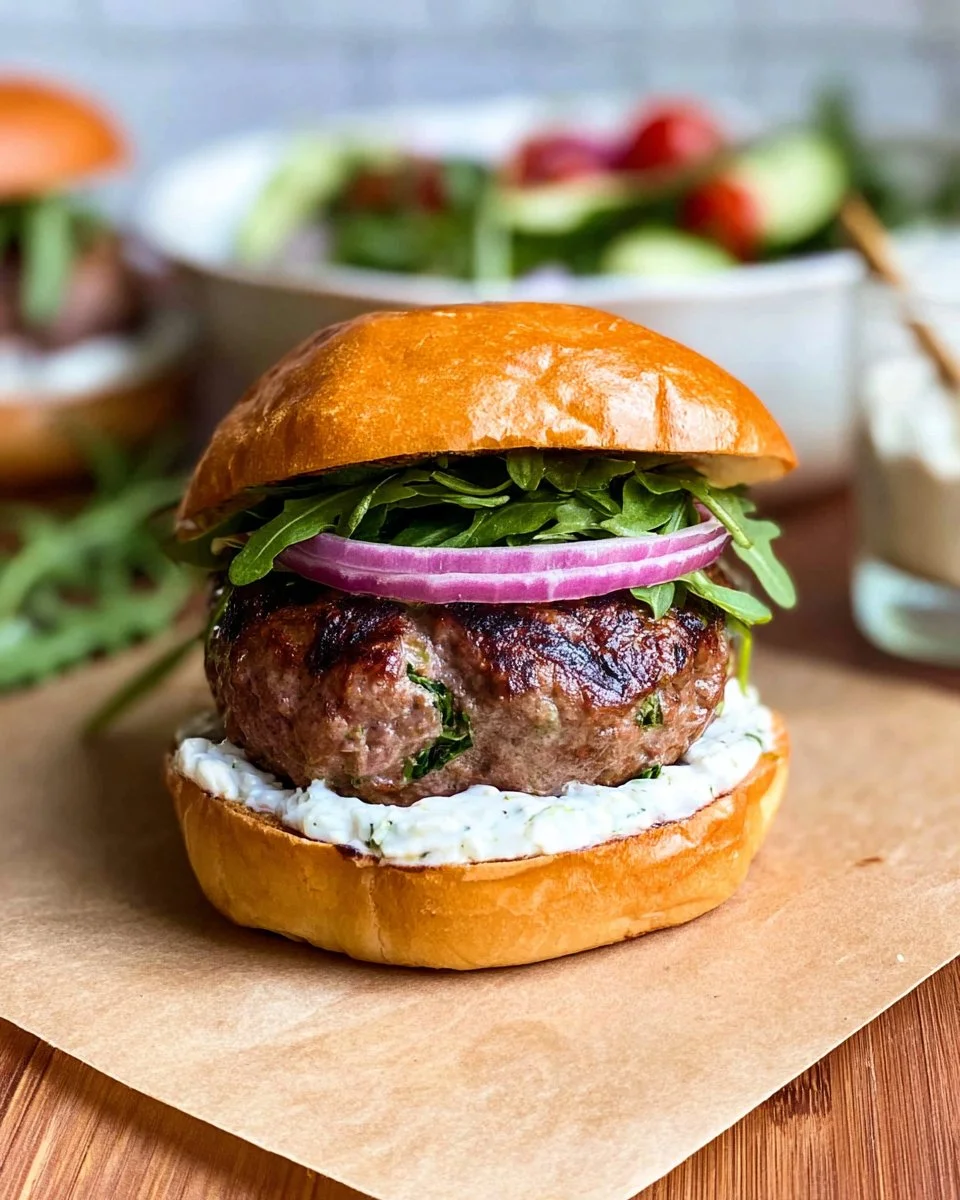 Delicious Greek lamb burgers served with tzatziki sauce and fresh herbs