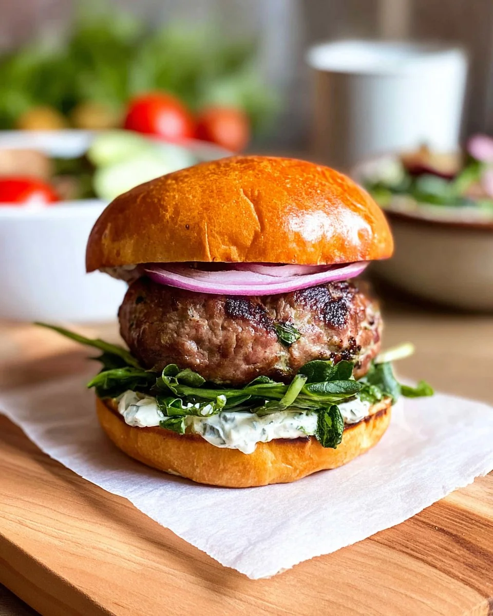Greek lamb burgers served with fresh toppings and herbs