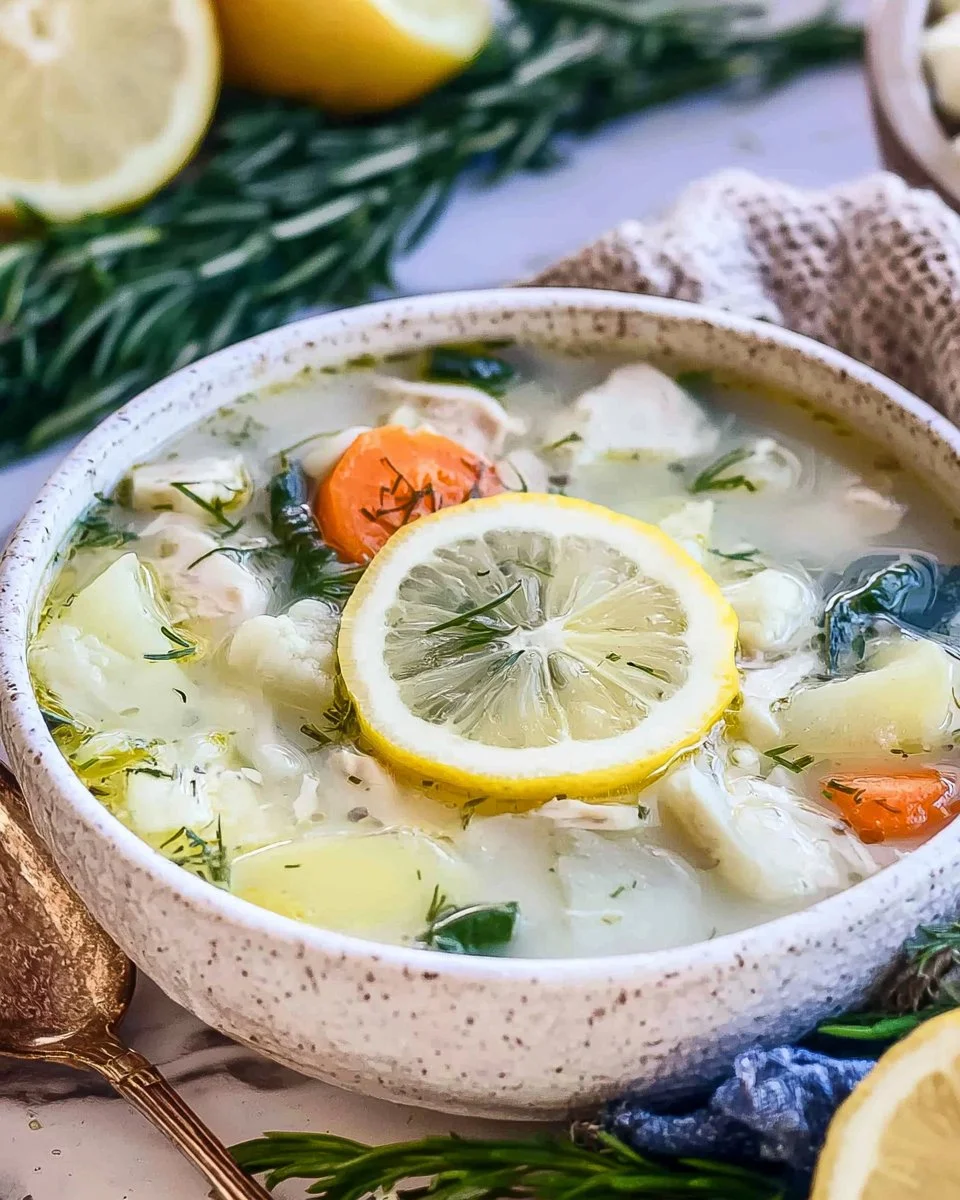 Bowl of Greek lemon chicken soup with herbs and lemon slices