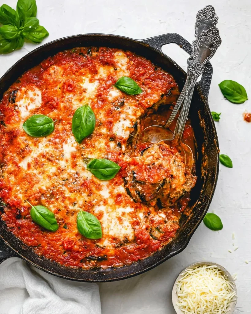 Delicious grilled eggplant parmesan topped with melted cheese and fresh basil.