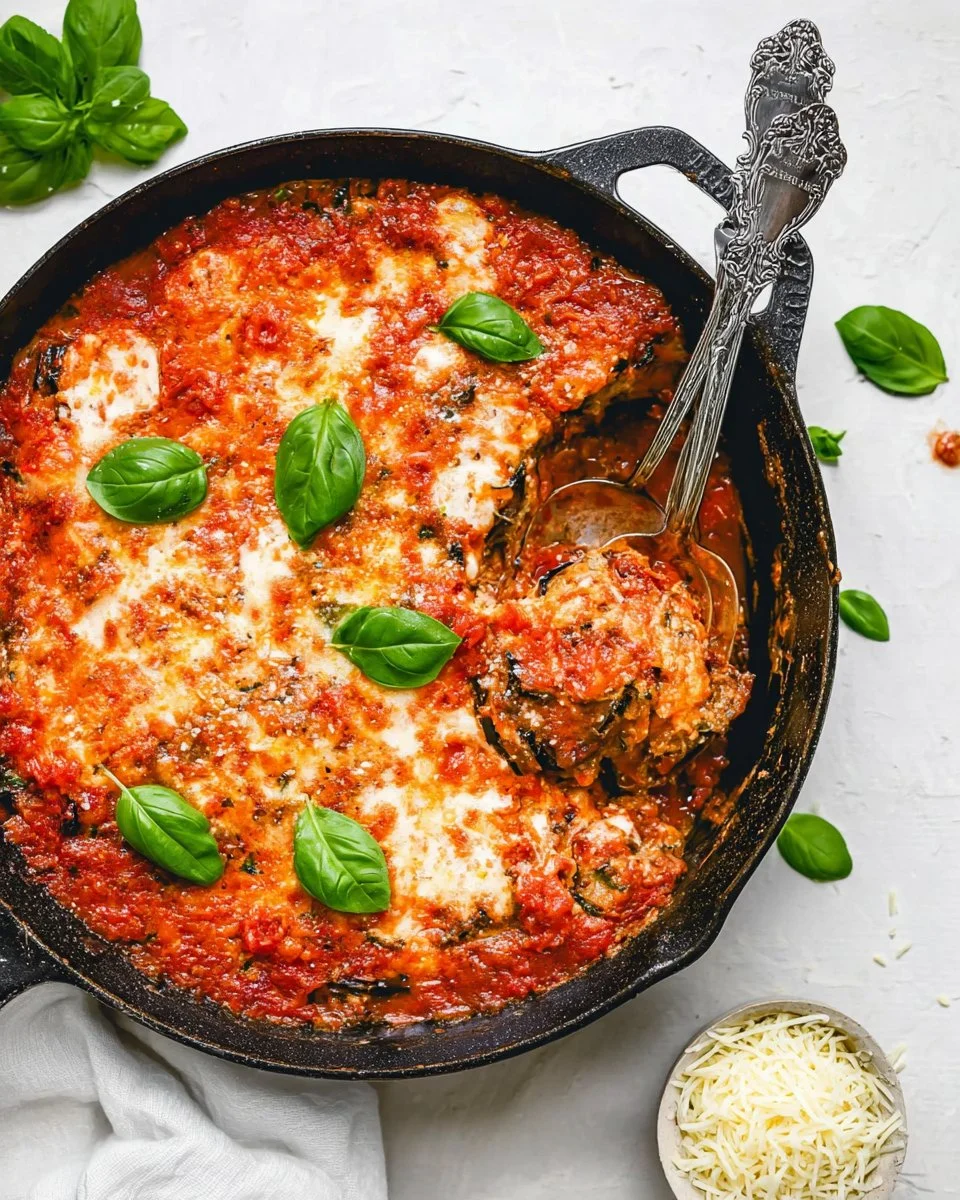 Delicious grilled eggplant parmesan topped with melted cheese and fresh basil.