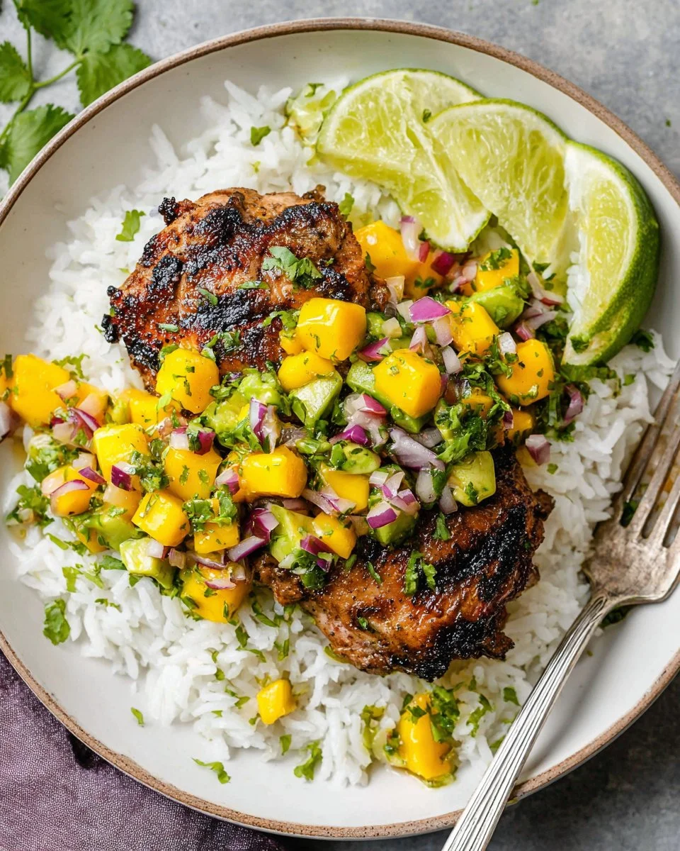 Grilled jerk chicken served with mango avocado salsa on a plate