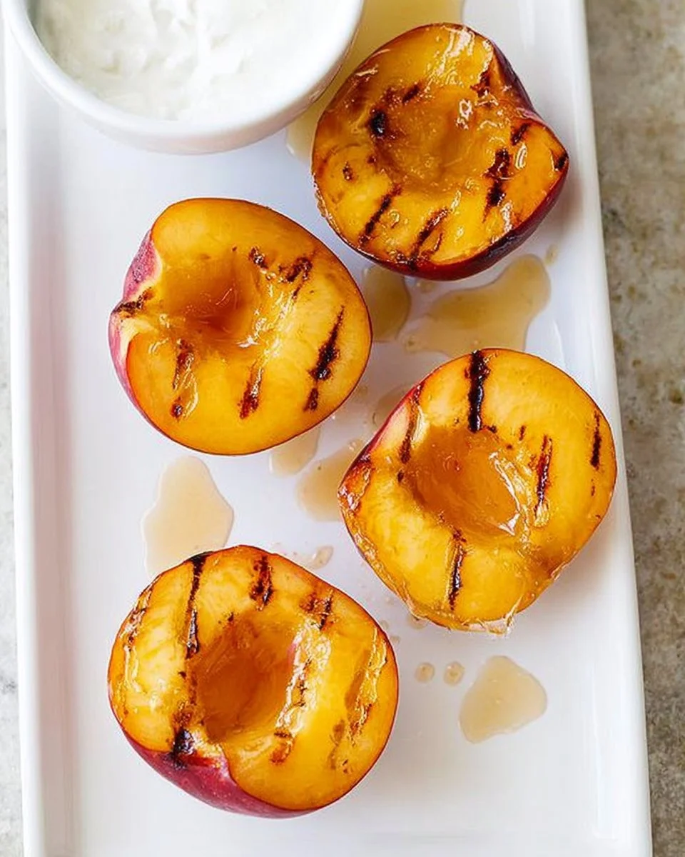 Grilled peaches topped with honey and yogurt served on a plate