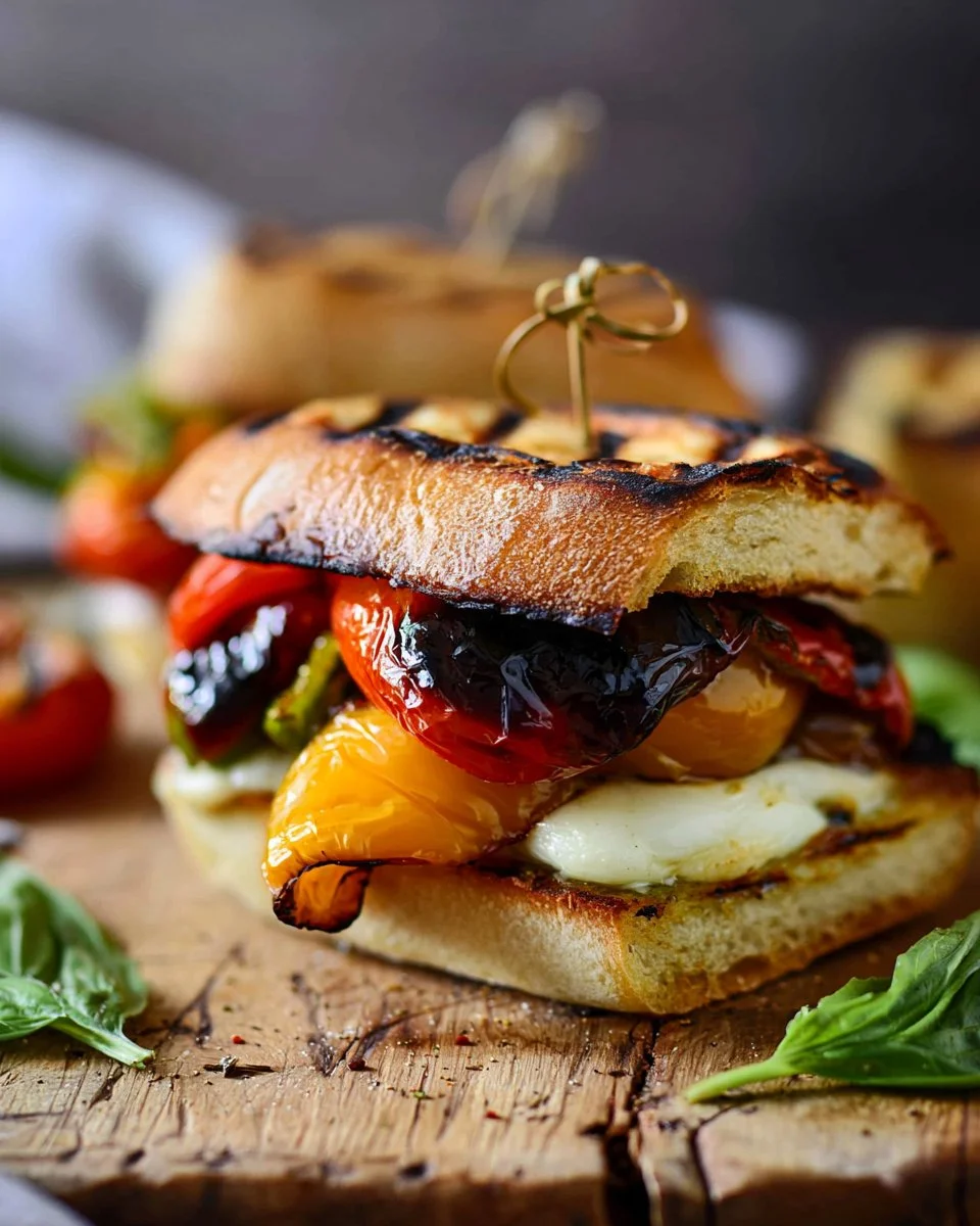 Grilled pepper and mozzarella sandwich on a plate ready to eat