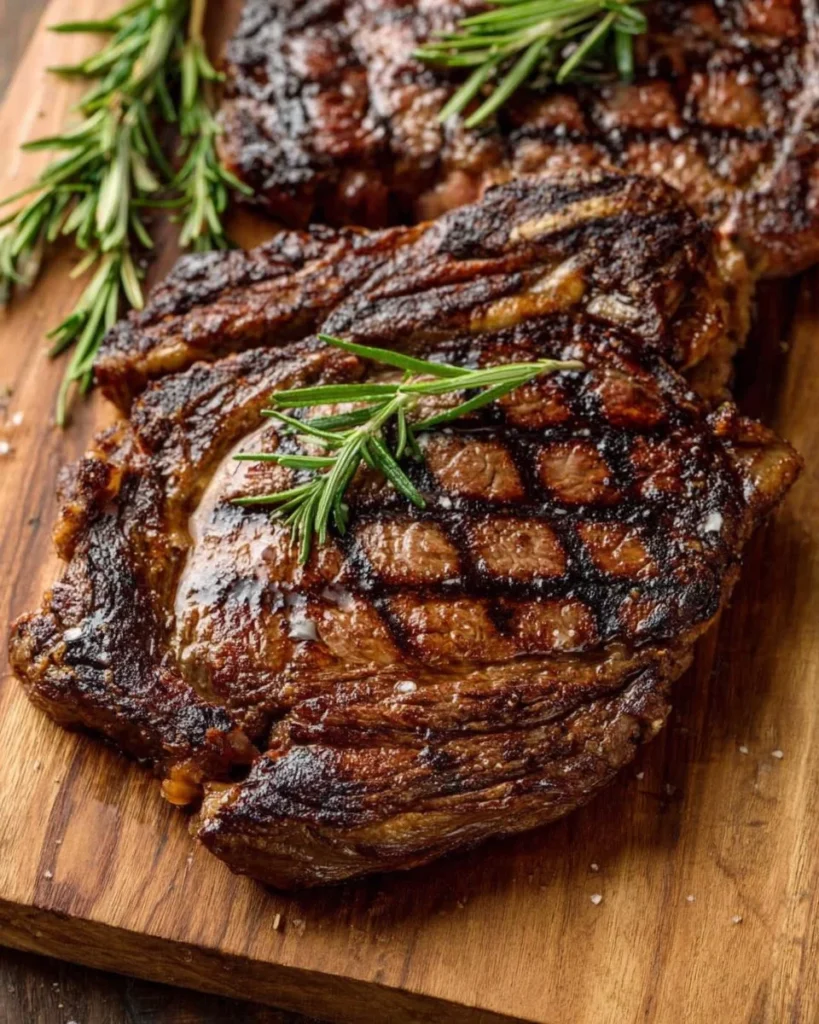 Grilled rosemary marinated steaks on a grill, showcasing juicy texture and flavor.
