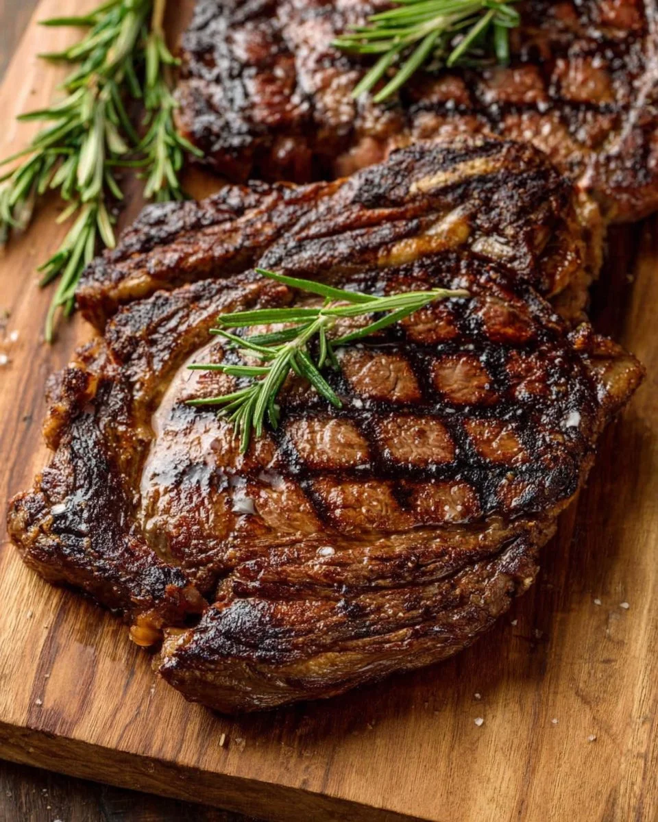 Grilled rosemary marinated steaks on a grill, showcasing juicy texture and flavor.