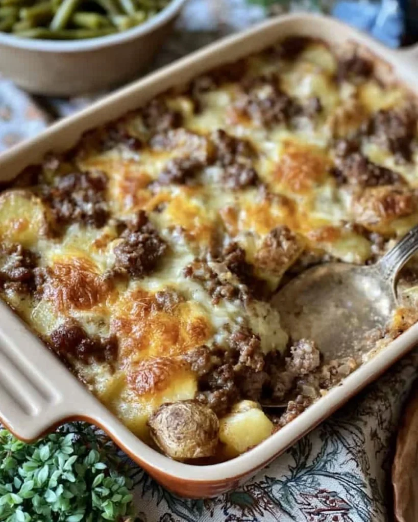 Delicious Hamburger Potato Casserole baked to perfection with layers of flavor.