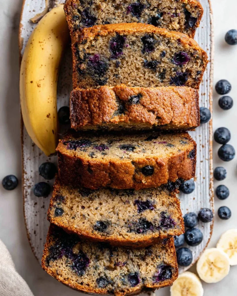 Healthy blueberry banana bread with fresh blueberries on a wooden table