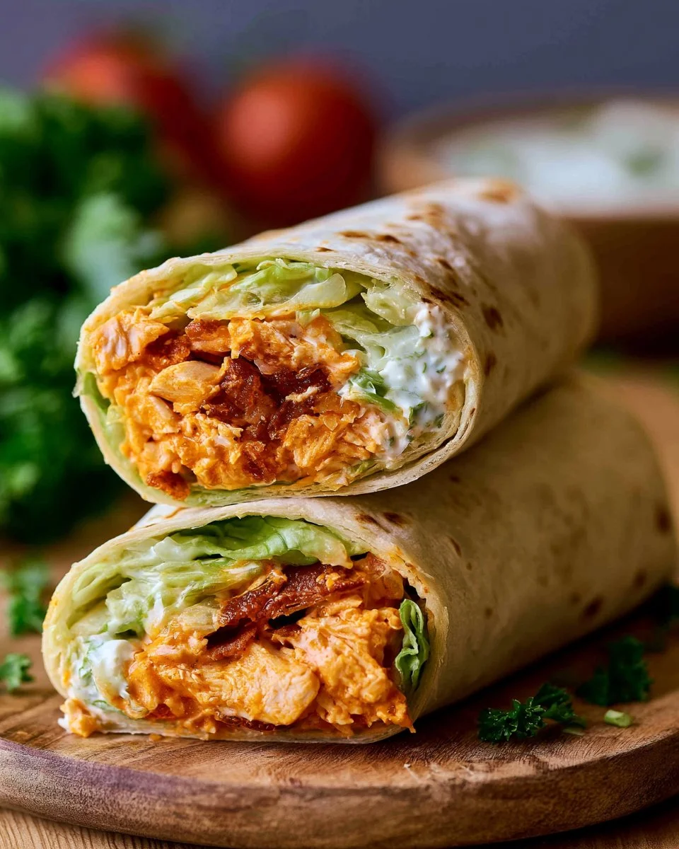 Healthy Buffalo Chicken Caesar Wraps with fresh ingredients and dressing