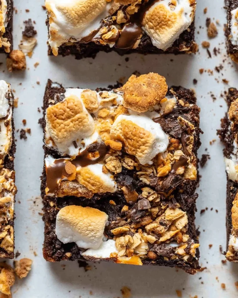 Healthy s'mores brownies topped with graham cracker crumbs and chocolate.