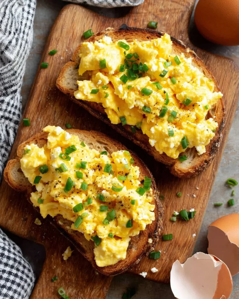 Plate of high-protein scrambled eggs with cottage cheese topped with herbs