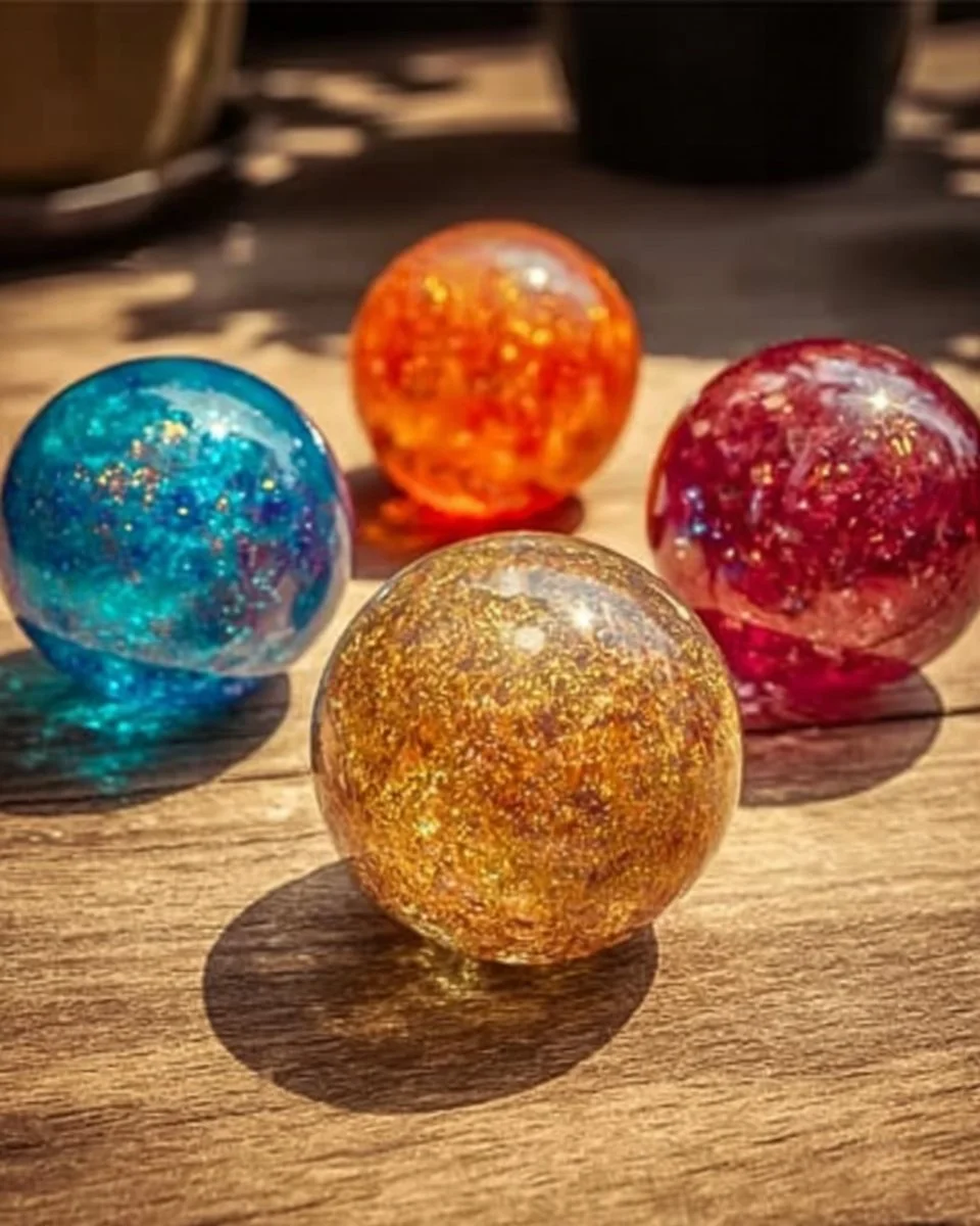 Colorful homemade bouncy balls crafted by children using simple materials.