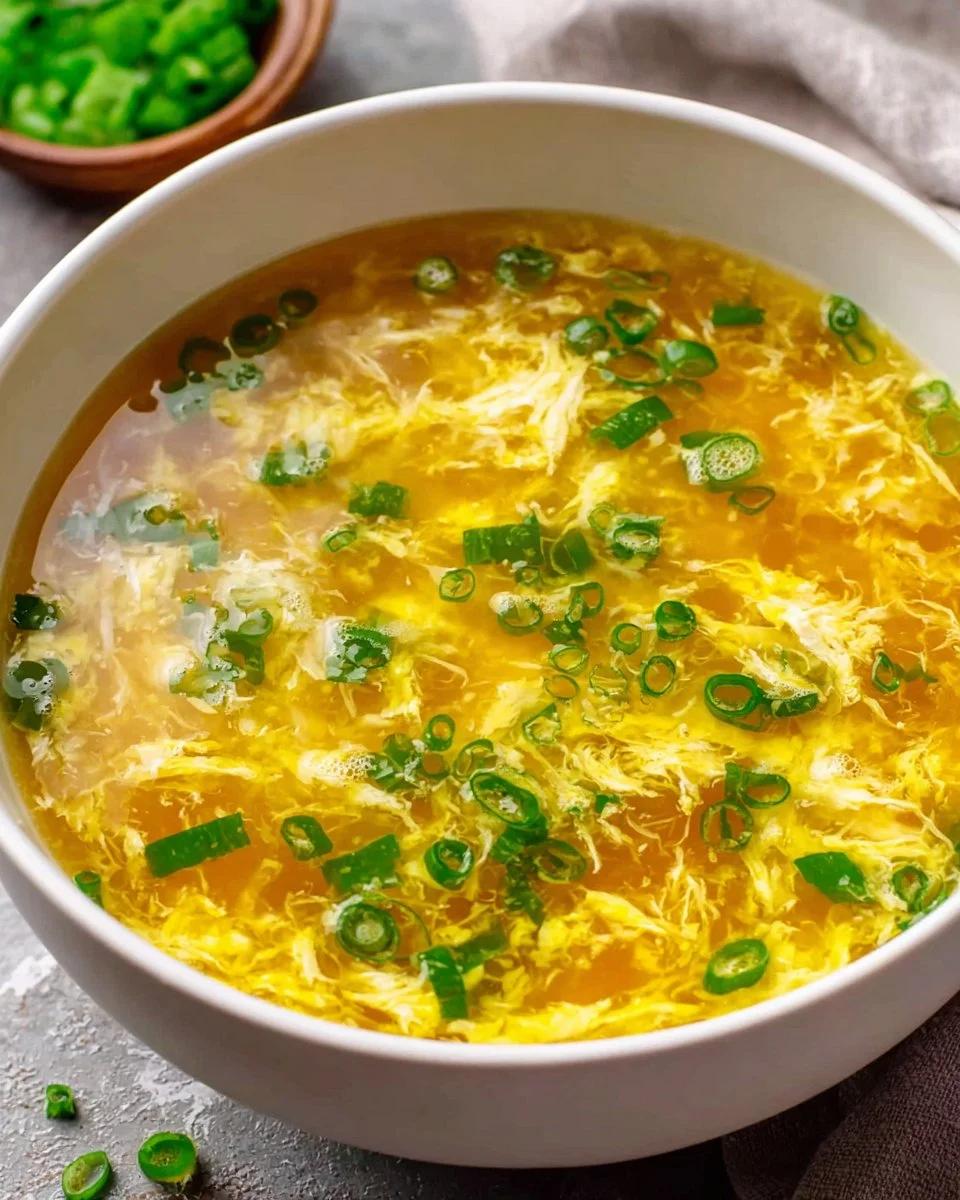 Bowl of homemade egg drop soup garnished with green onions