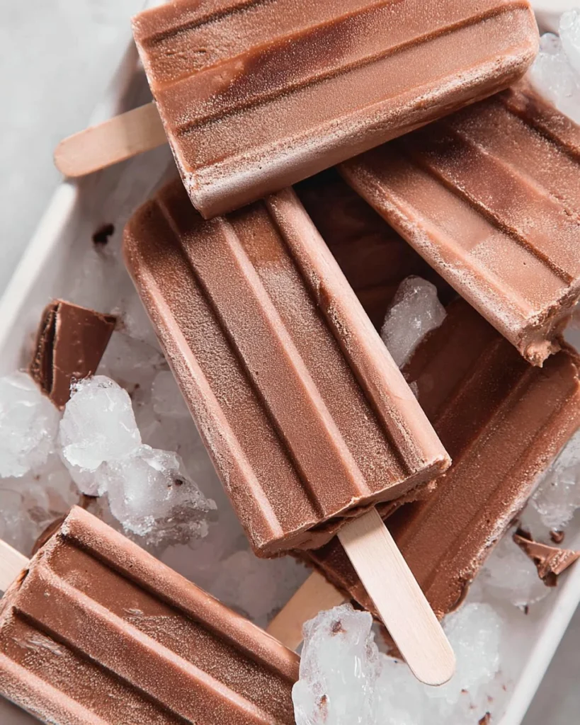 Delicious homemade fudgesicles served on a wooden platter