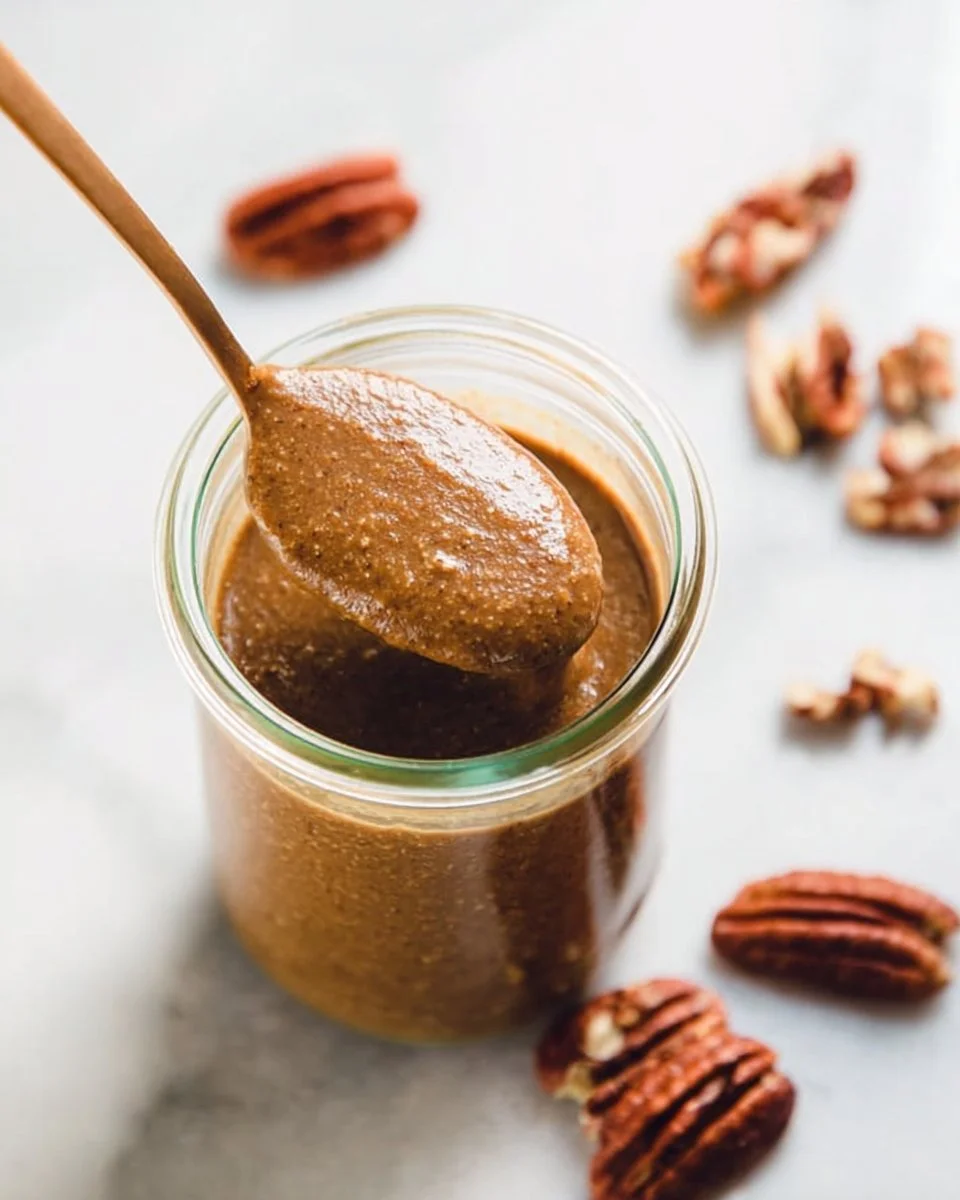 Homemade pecan butter in a jar with a spoon and pecans