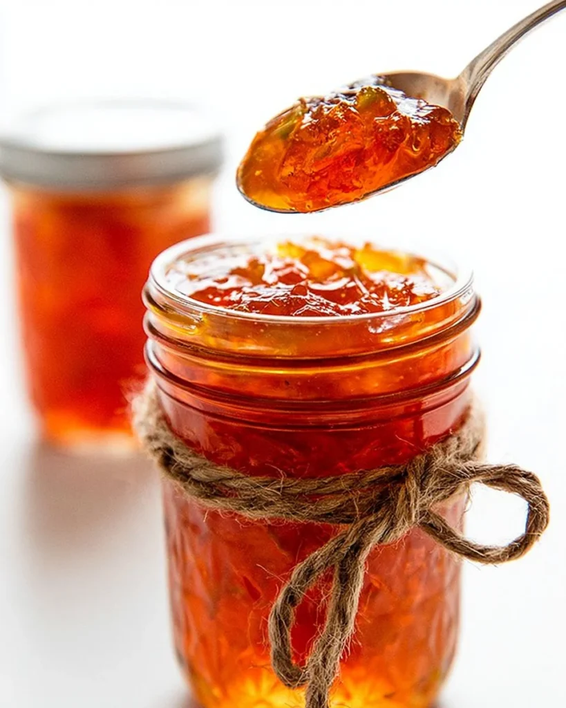 Homemade jalapeno pepper jelly served on a wooden board with crackers