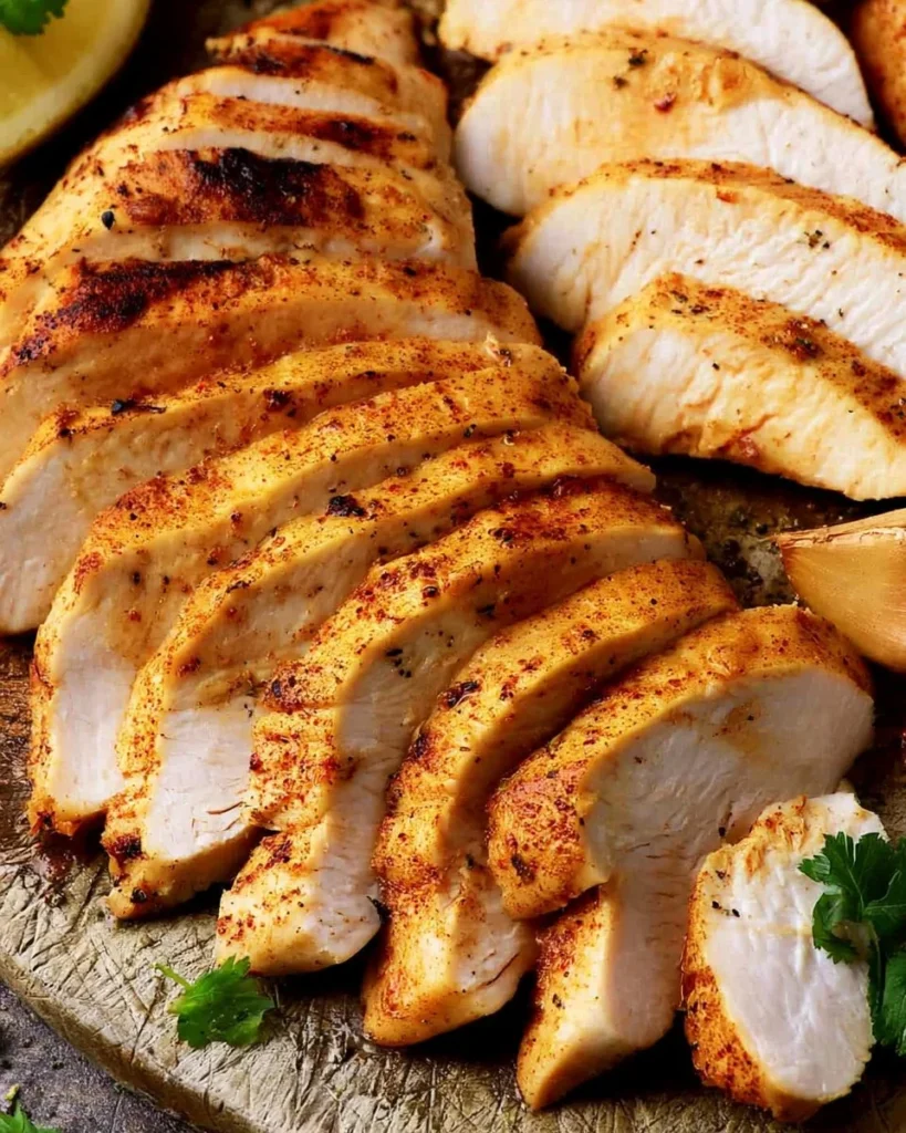 Juicy thin sliced chicken breast ready for cooking and meal preparation.