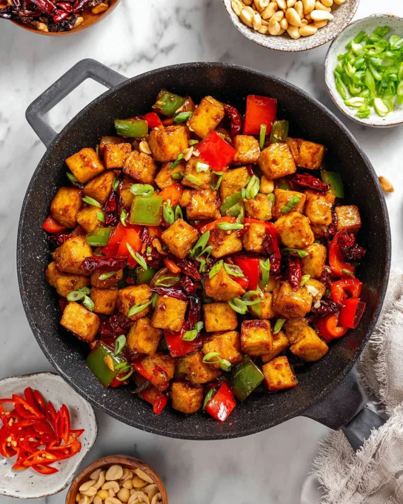 Plate of spicy Kung Pao Tofu garnished with peanuts and vegetables