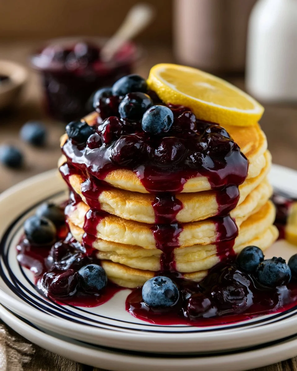Fluffy Lemon Ricotta Pancakes with a drizzle of syrup and fresh lemons.