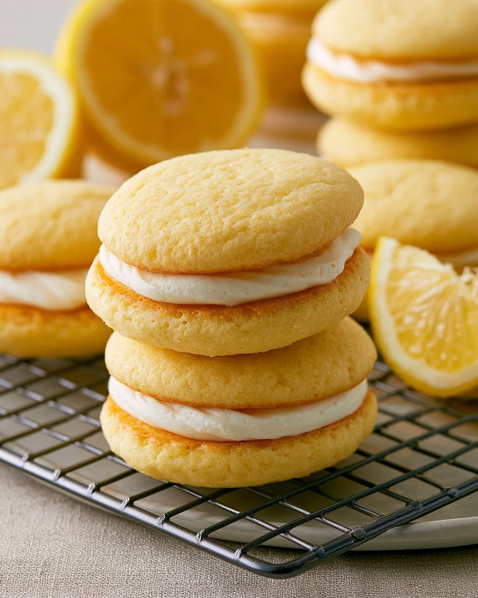 Lemon Whoopie Pies - Soft cake-like sandwich cookies with lemon filling