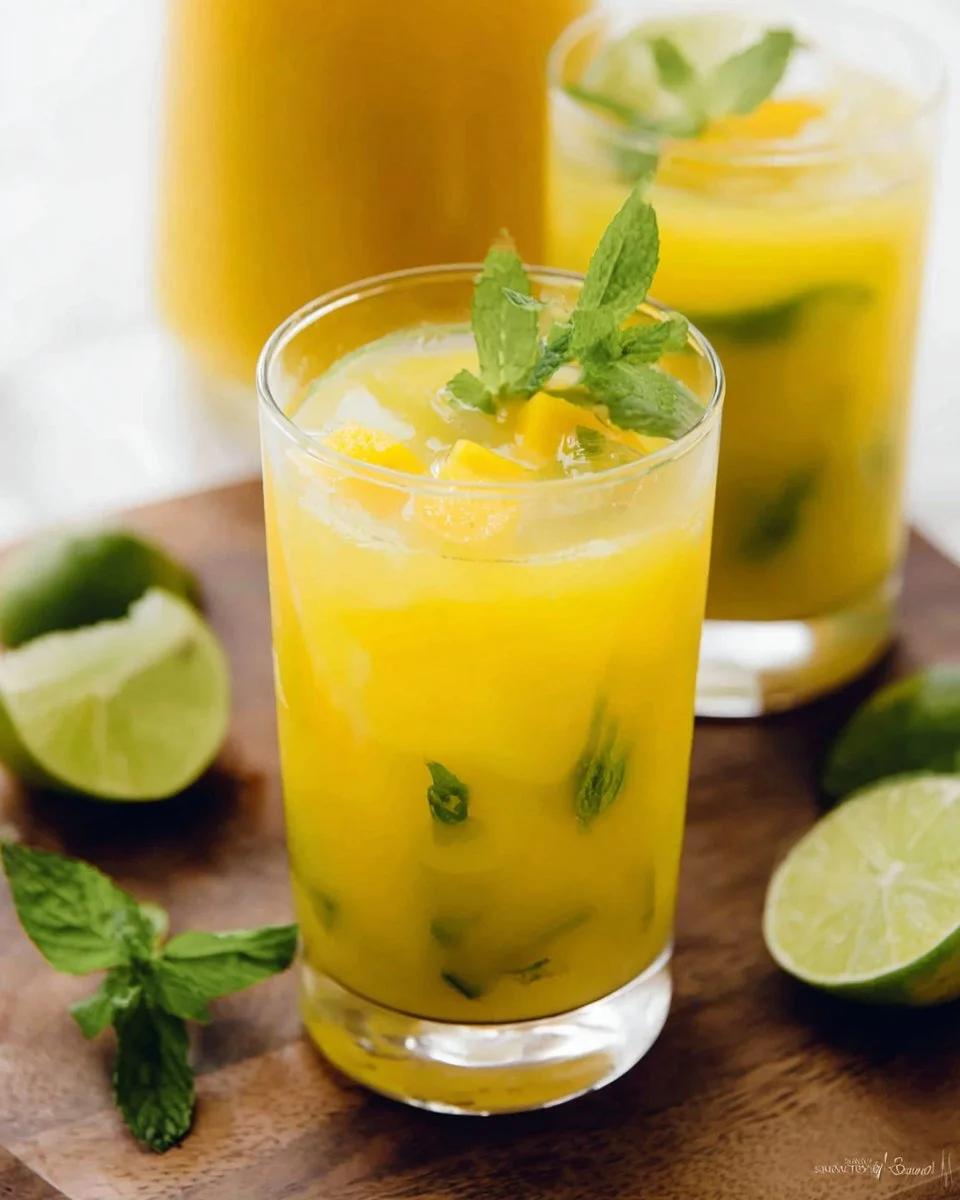 Fresh Mango Mojito garnished with mint leaves and lime slices